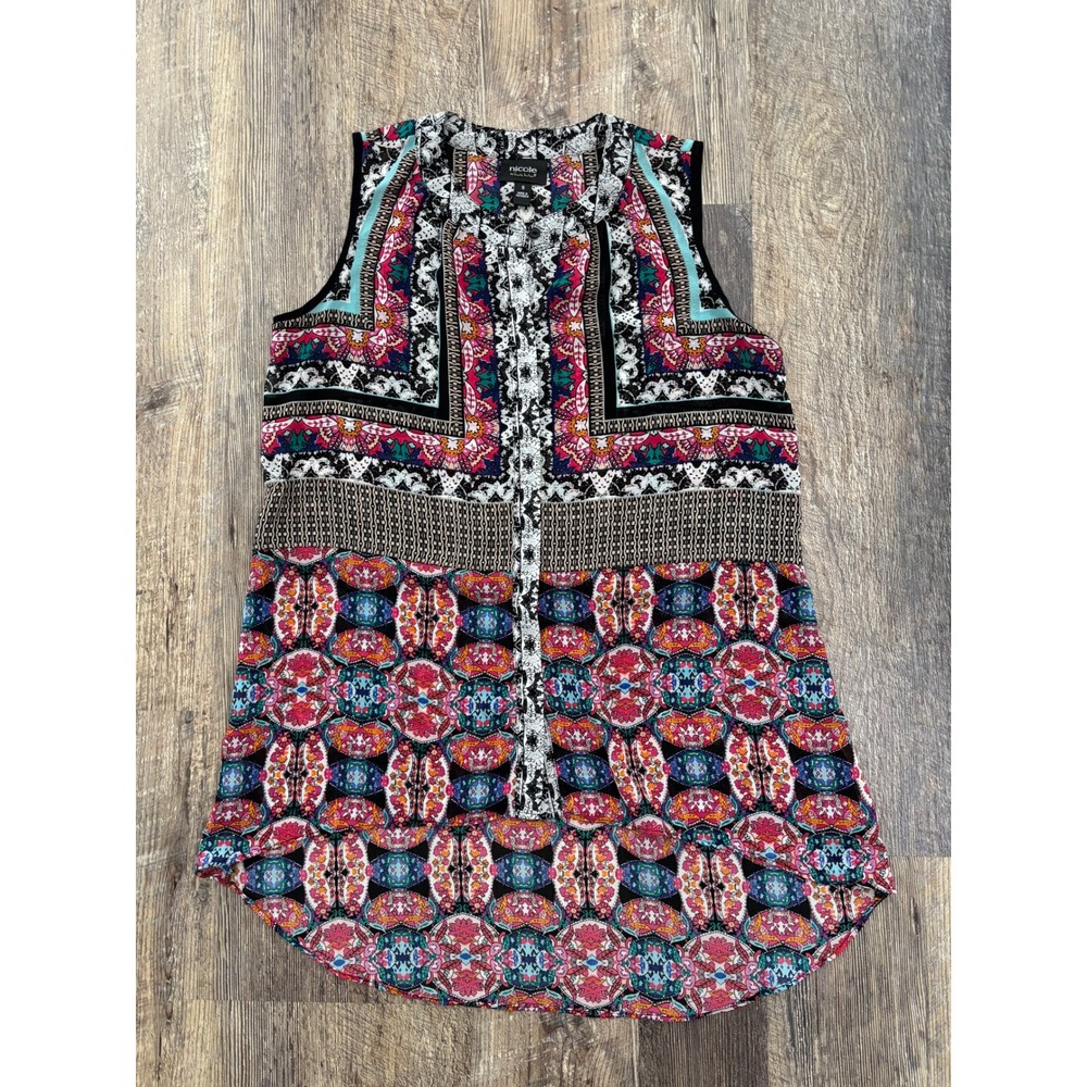 Nicole by Nicole Miller Womens Sleeveless Boho Print High Low Blouse Small Multi